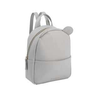 Side view of grey children's backpack with shoulder strap