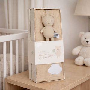 Beige teddy bear in a gift box with a dummy clip