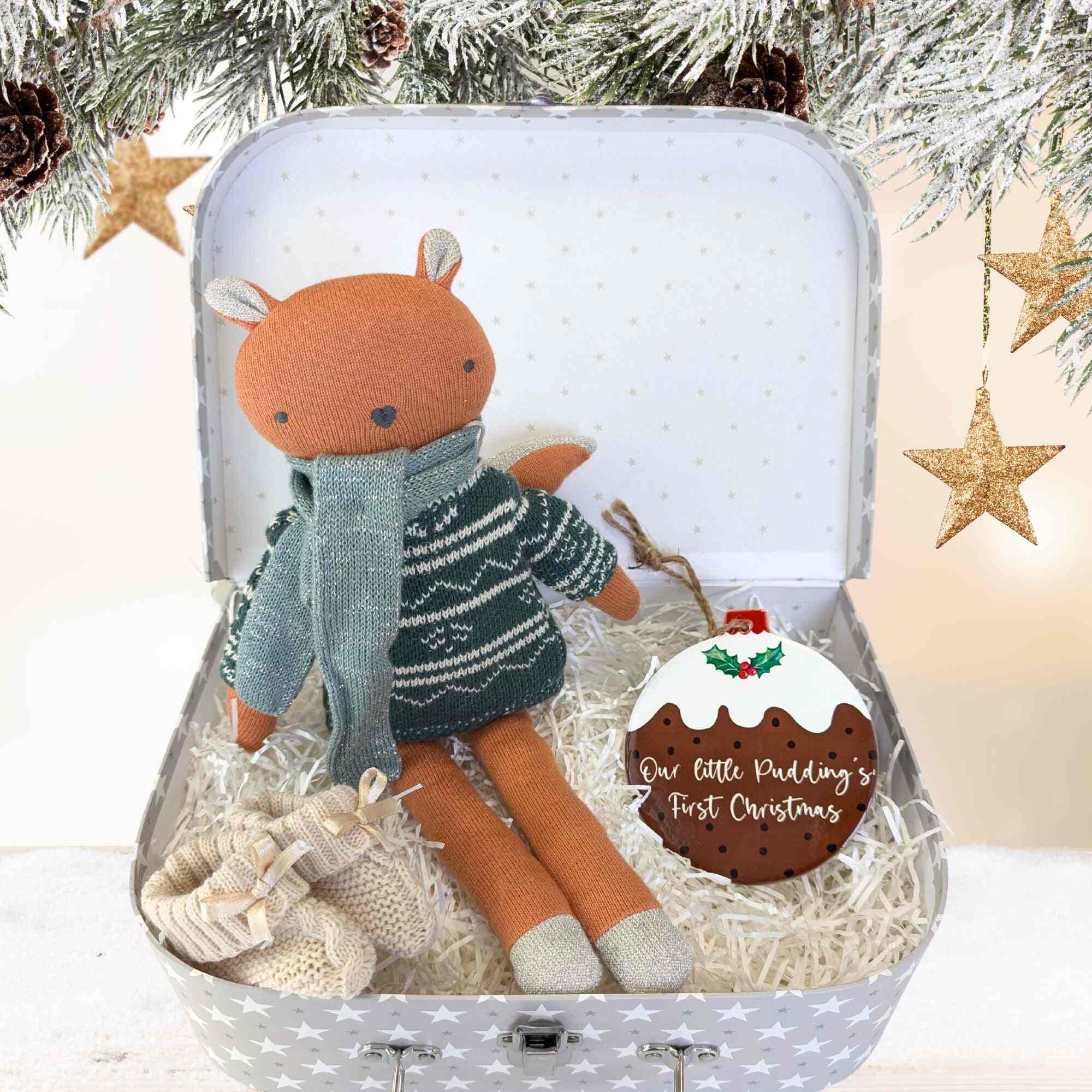 baby's first christmas hamper with squirrel, hanging plaque and baby booties. Bumbles and Boo.
