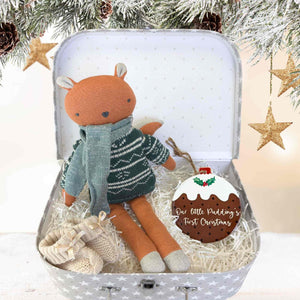 baby's first christmas hamper with squirrel, hanging plaque and baby booties. Bumbles and Boo.