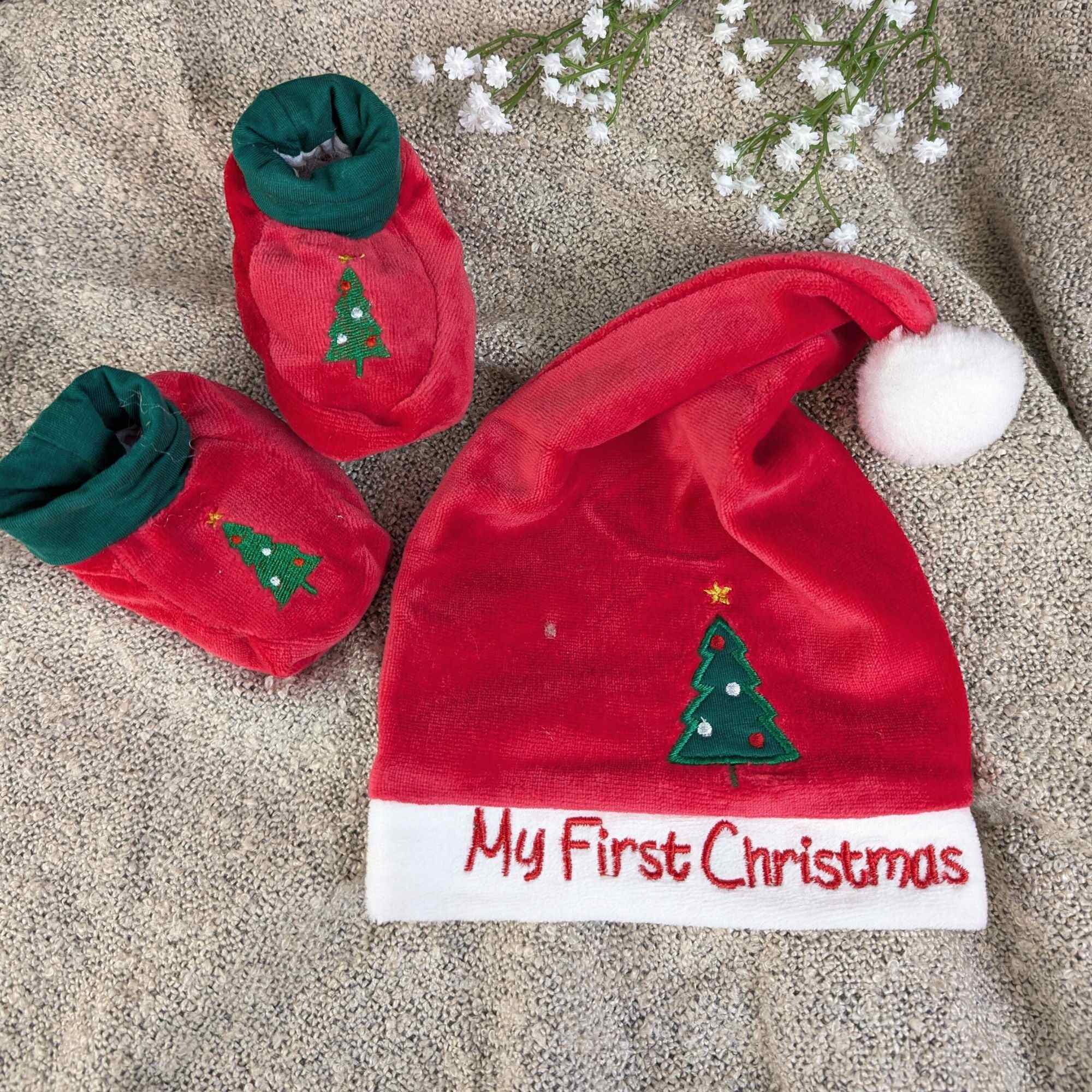 Red Hat and Bootie Set 'My First Christmas' 0-6 Months Christmas.