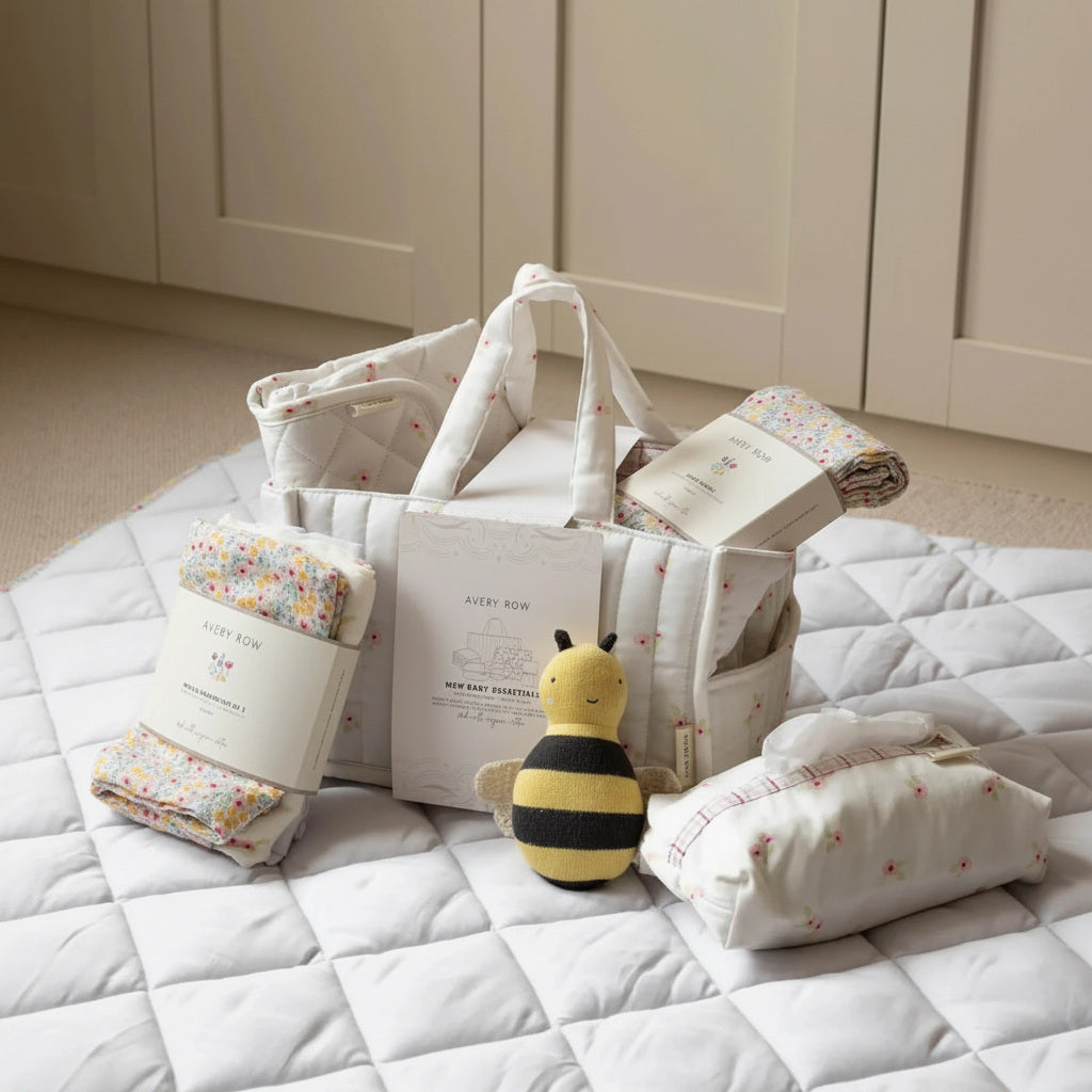 Nappy caddy organiser set in white with floral print and matching changing mat, muslin, swaddle and accessories