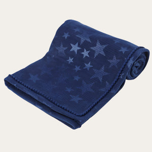 Navy Star Embossed Mink Wrap with Pom Pom Trim Baby Blanket 75 x 90cm Baby Blanket.