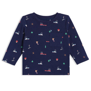 Baby boy two piece navy train print outfit in 100% cotton rib