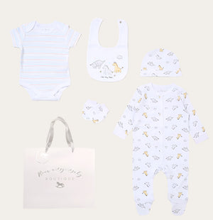 Neutral 5-Piece Baby Clothing Gift Set with safari animals