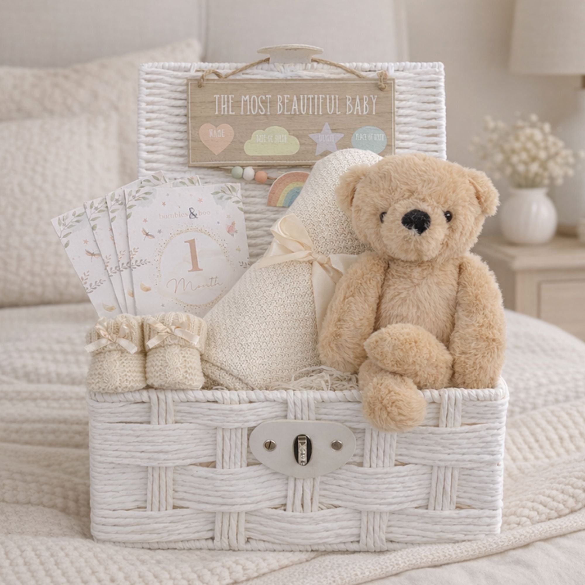 Neutral baby gifts hamper with beige blanket and teddy bear in a gift basket.
