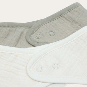 2-pack of neutral tone bandana bibs – Olive Green and Oatmeal muslin
