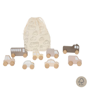 Set of wooden toy vehicles with storeage bag.