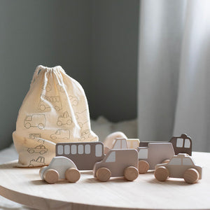 My First Cars Natural colour - Wooden Vehicles for Toddlers with Fabric Bag.