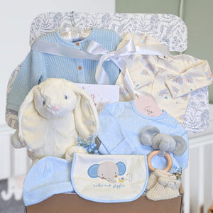 New baby boy gift box with blue and white gifts. This hamper contains a bunny soft toy and blue elephant clothes set.