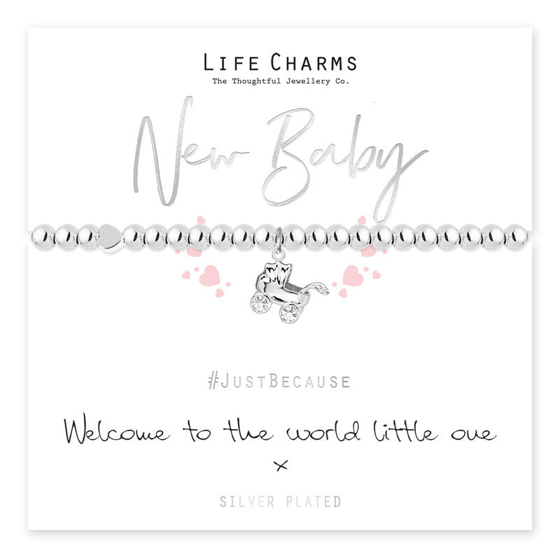 silver plated bracelet to celebrate a new baby with the wording' welcome to the world little one'