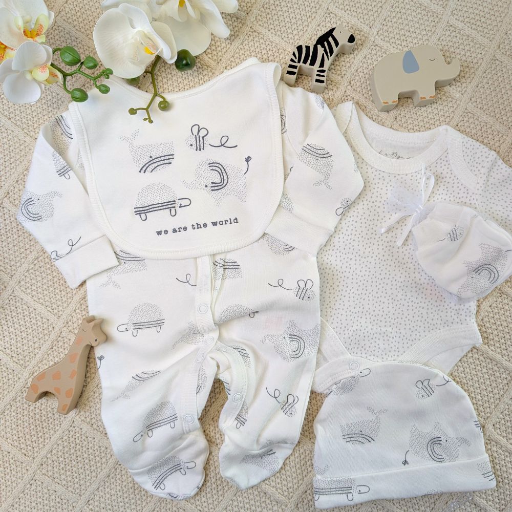 White baby clothes set with grey animal design.