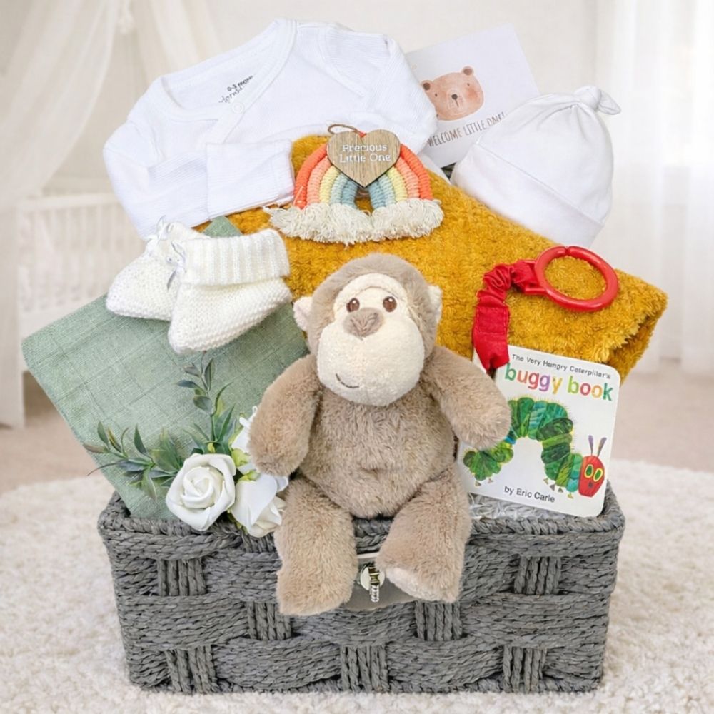 Baby gift basket with toys, clothing, and a book with beautiful presentation.