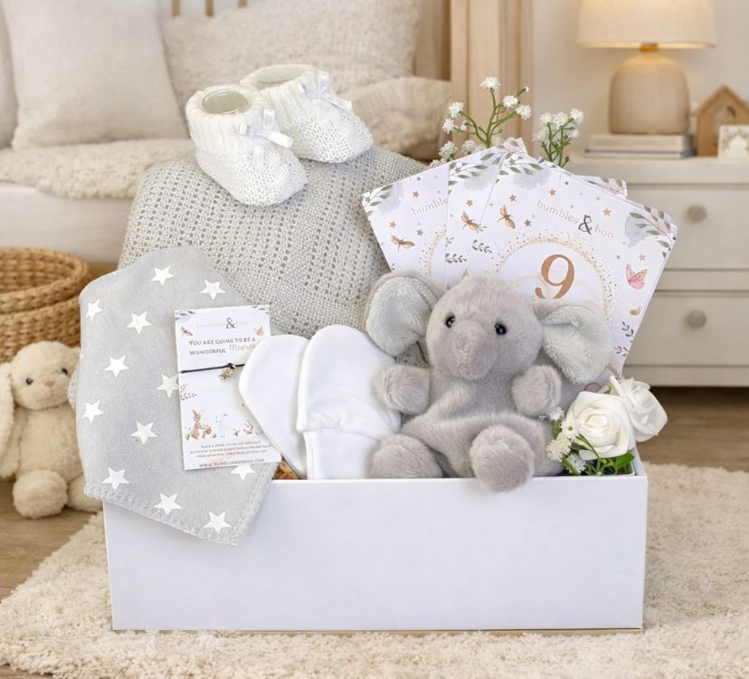 A new baby gifts box filled with presents. This hamper includes an elephant toy, baby blanket and milestone cards.