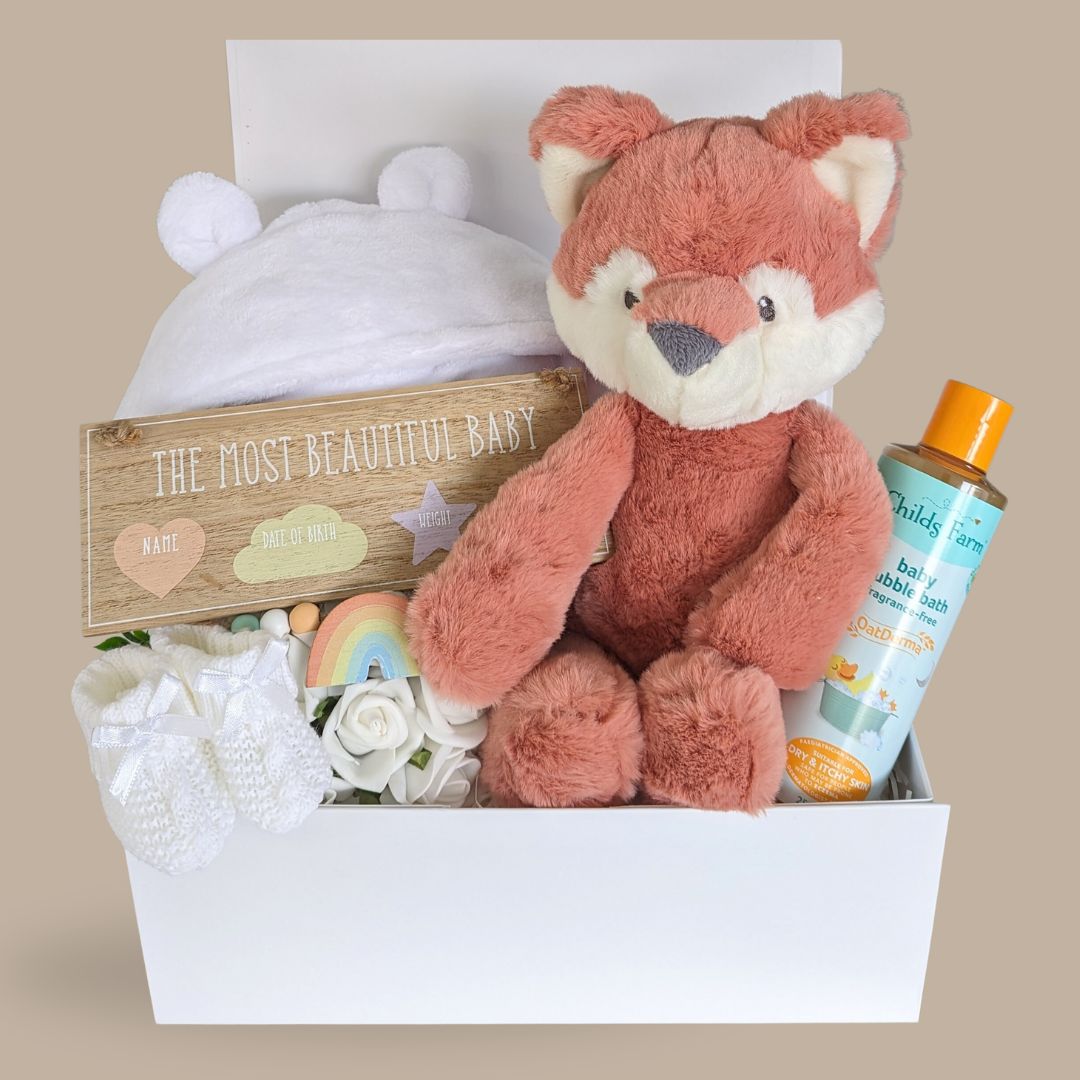 new baby gift box with fox theme and organic baby wash.