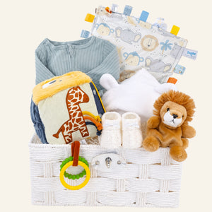 New baby gifts hamper which includes gifts of a baby bath robe, jungle themed activity cube and clothing