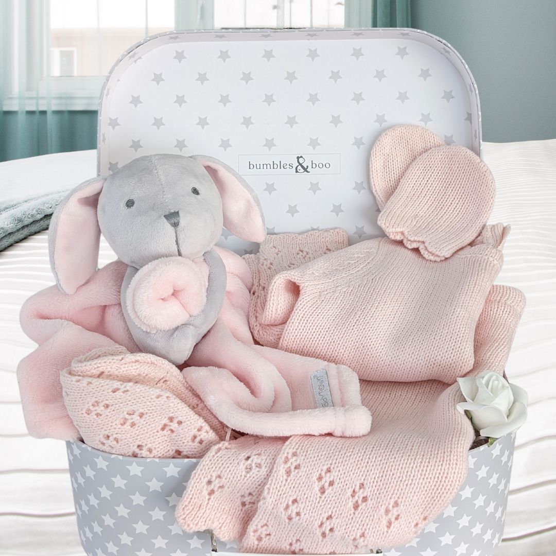 new baby gifts hamper with pink bunny comforter and knit clothing set