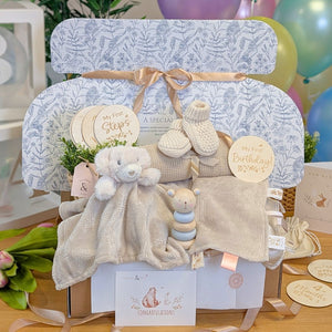 New baby gifts hamper box with puppy comforter and matching taggie in beige.