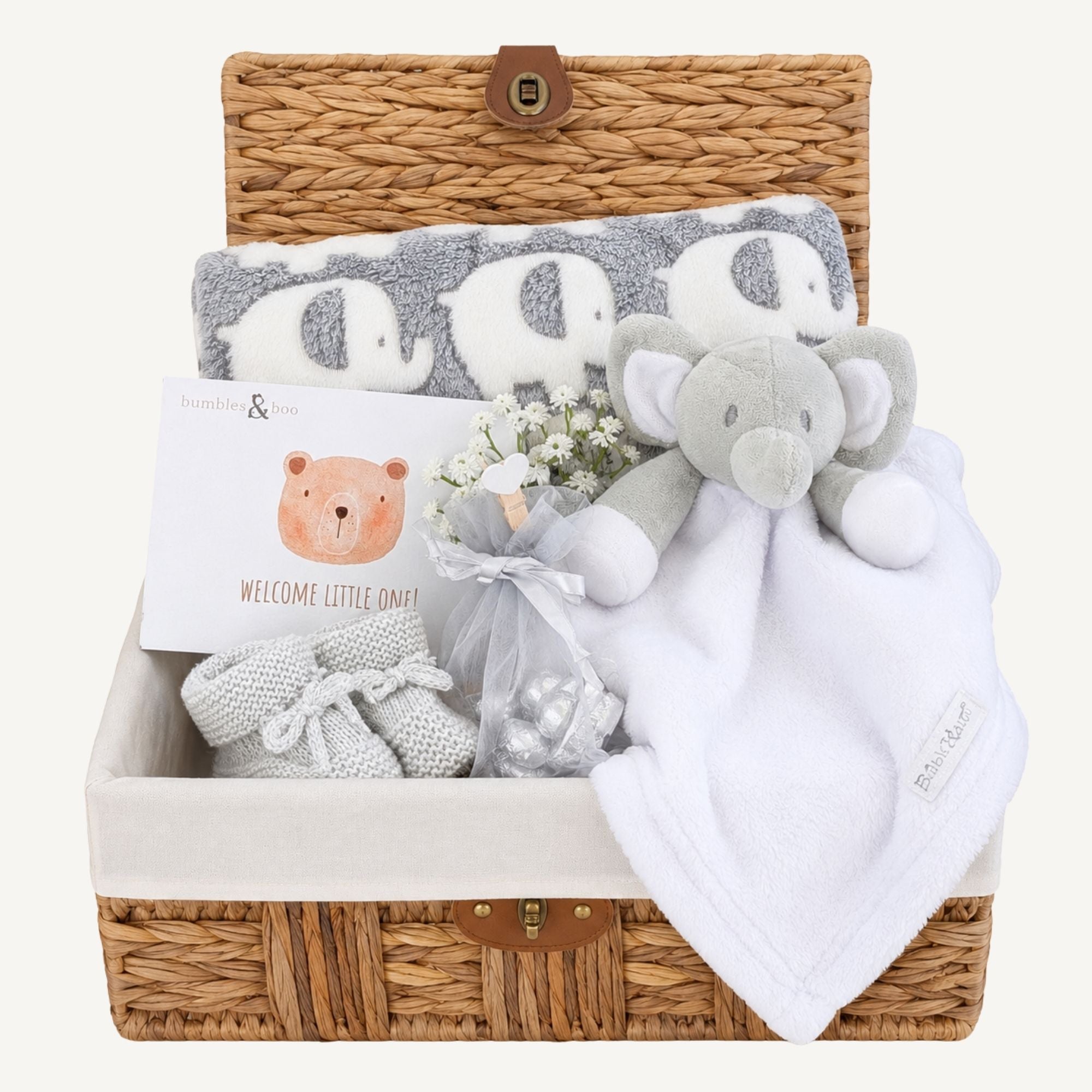 New baby gift hamper with a white and grey elephant comforter and matching blanket