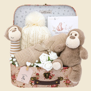 New baby gifts and presents set with monkey soft toys, beige baby hat and breathable cellular blanket – ideal baby hamper for newborns