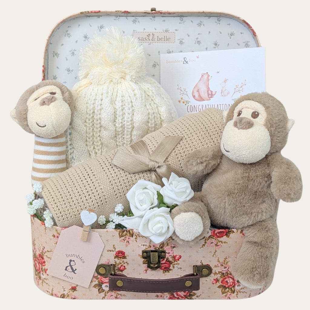 New baby gifts and presents set with monkey soft toys, beige baby hat and breathable cellular blanket – ideal baby hamper for newborns