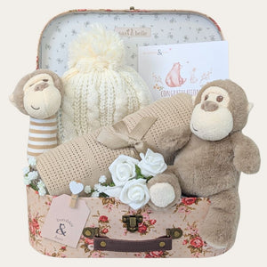 New baby gifts and presents set with monkey soft toys, beige baby hat and breathable cellular blanket – ideal baby hamper for newborns