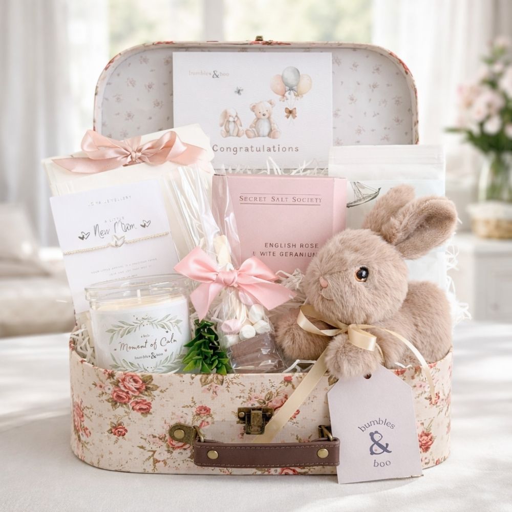 New mother gifts in a vintage hamper with silver bracelet and chocolate.