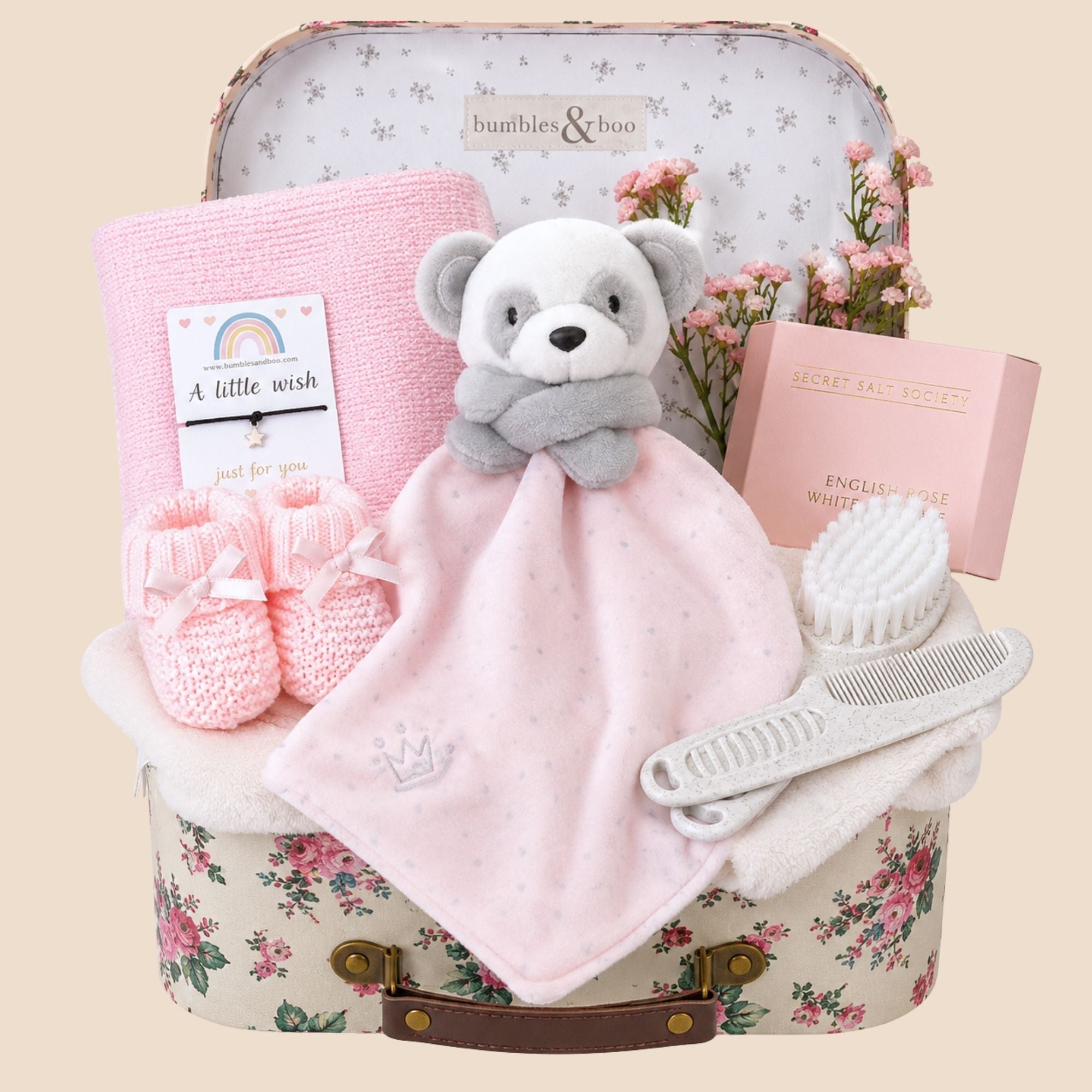New mother gifts hamper with teddy comforter and presents for the new mum. Bumbles and boo.