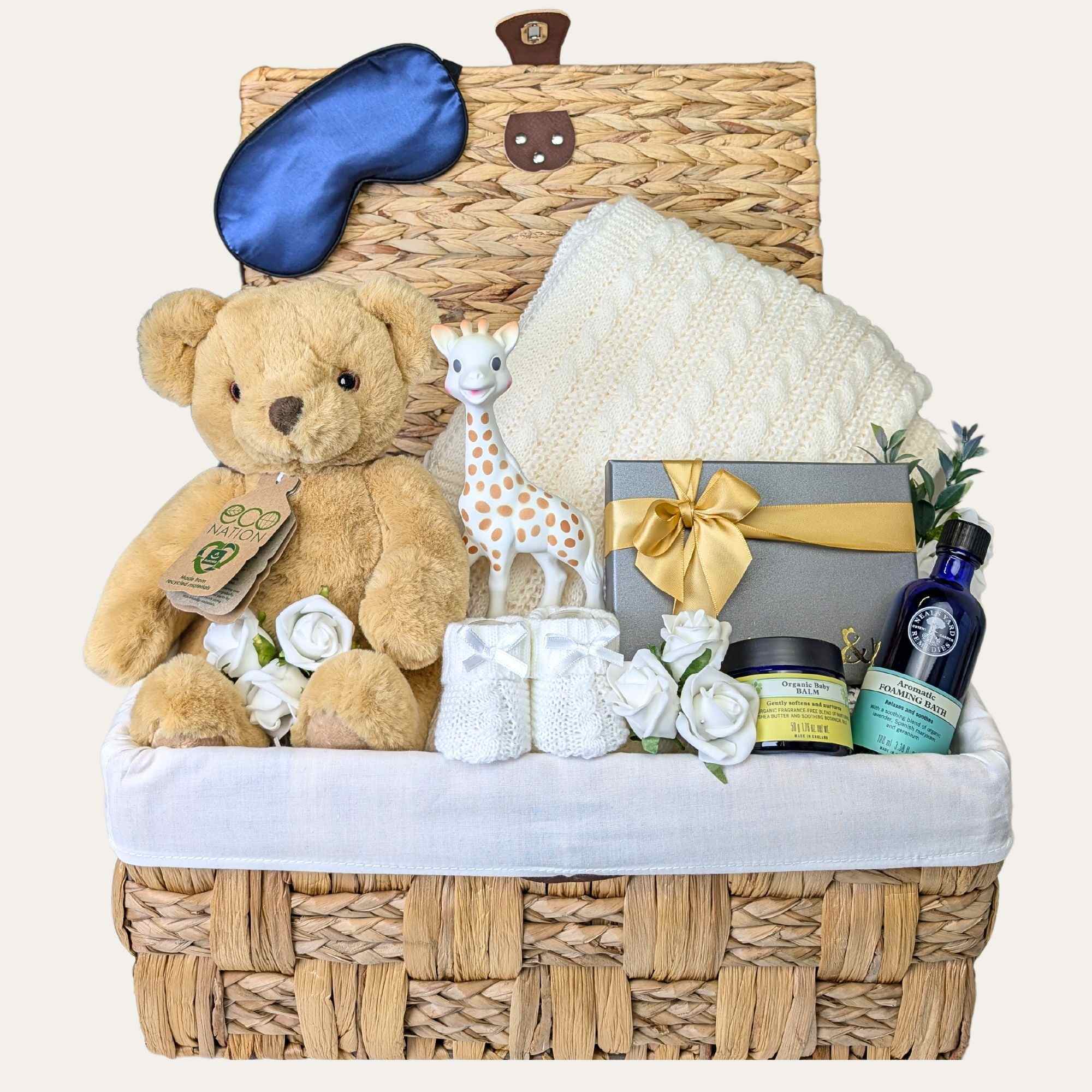 New mum gifts hamper basket with teddy, sophie giraffe, blanket, chocolates and skincare Bumbles and Boo.
