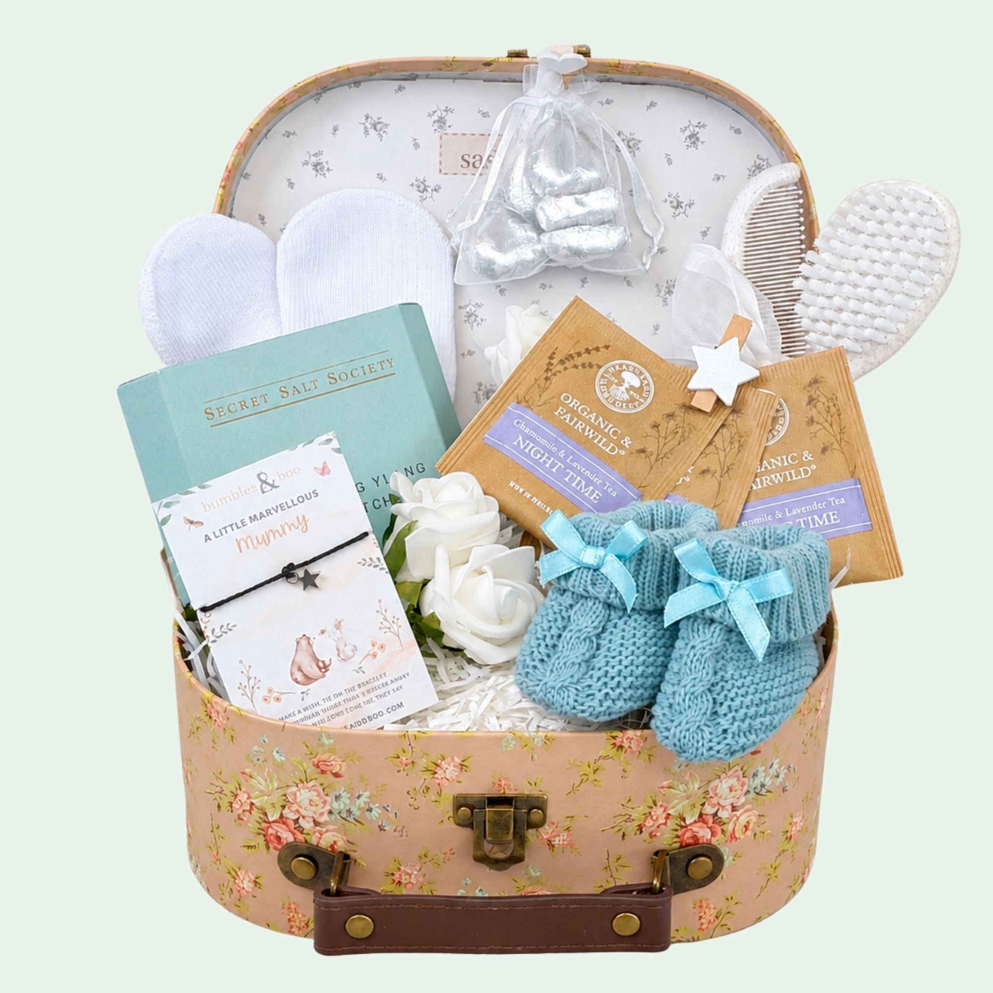 New mum hamper with gifts including relaxation salts and thoughtful presents – perfect new mum gifts to soothe and support.