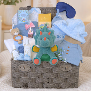 A new mum gifts hamper with a dinosaur toy and presents for mum. Bumbles and Boo