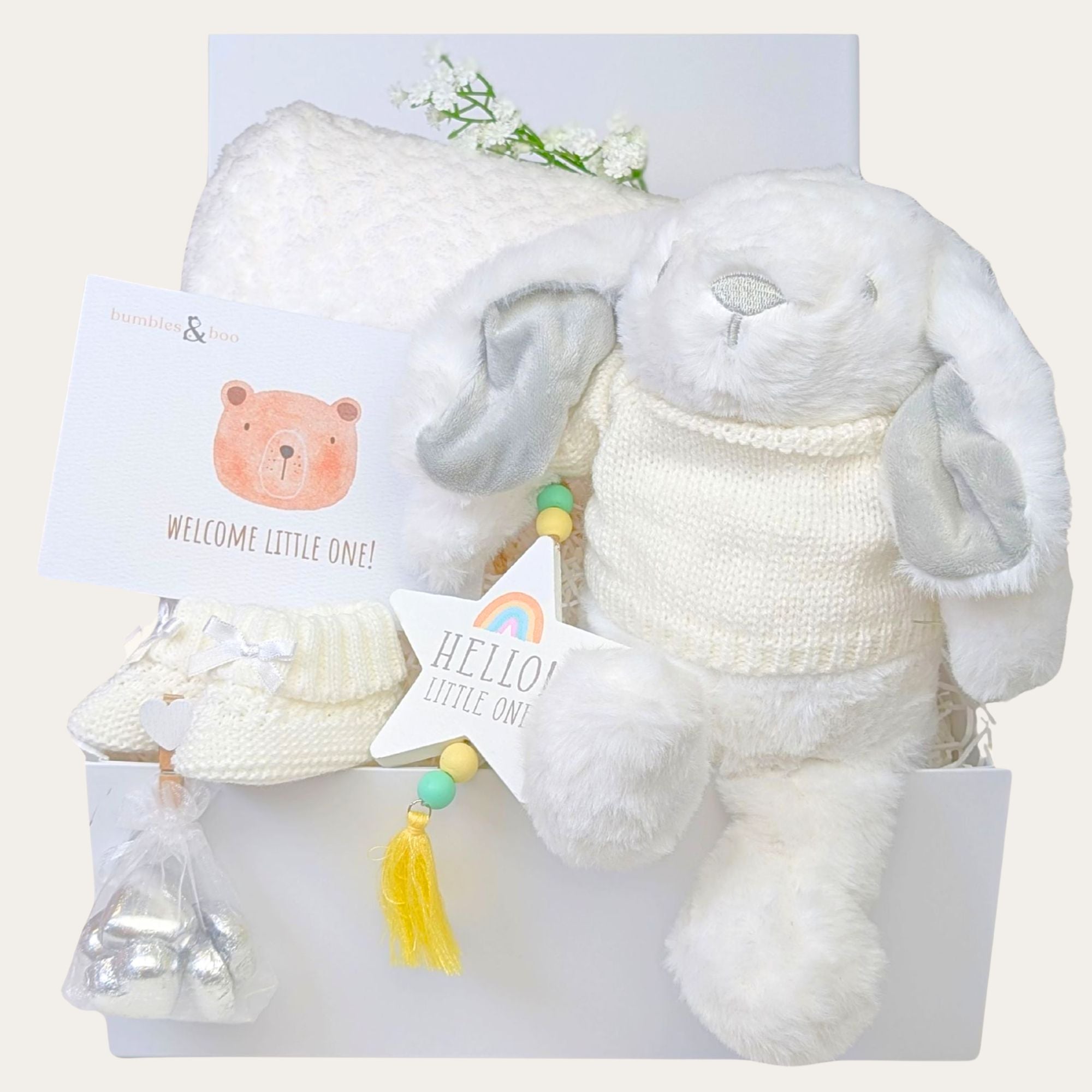New mum gifts in a white hamper box with presents including white bunny, blanket, chocolates and nursery plaque. Bumbles and Boo.
