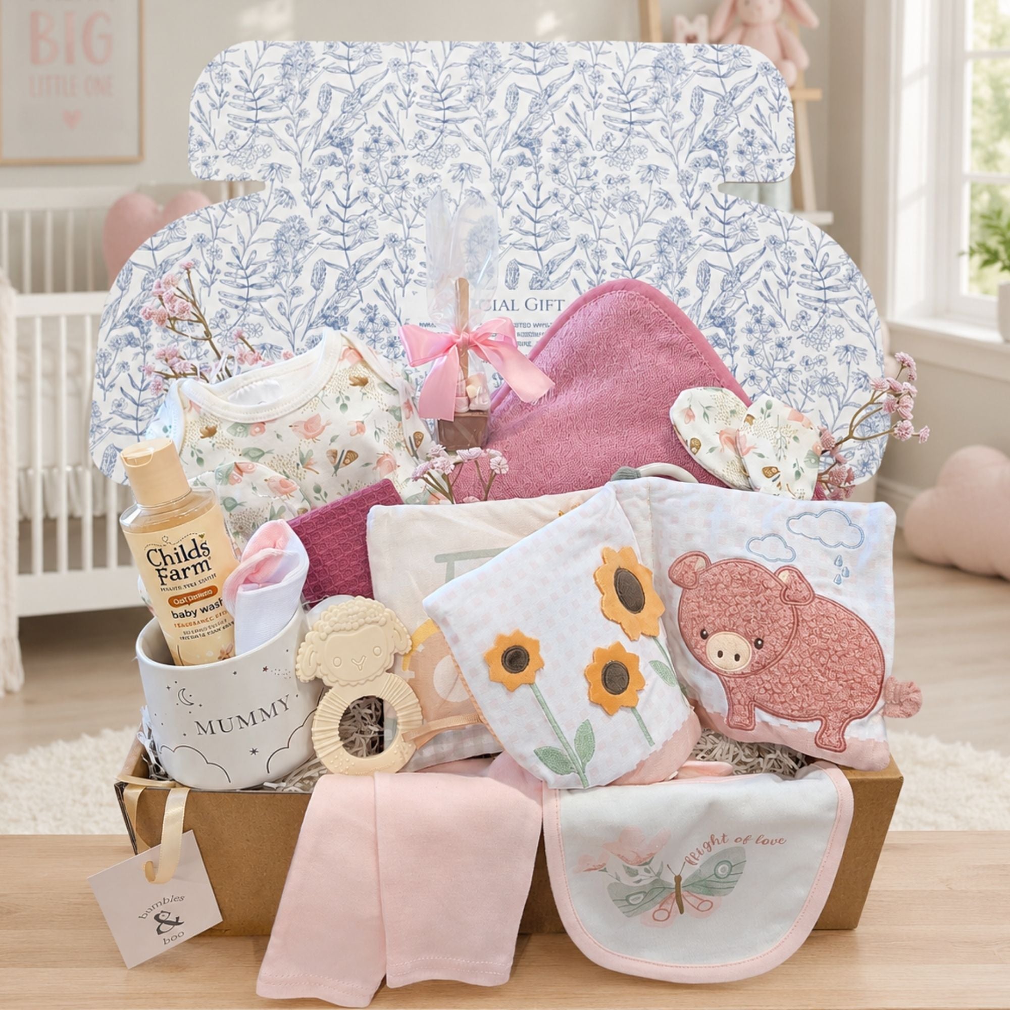 New mum and baby girl postal gift box packed with welcome gifts. This box contains a mummy mug, floral-patterned clothing set and a pink hooded baby bath towel.