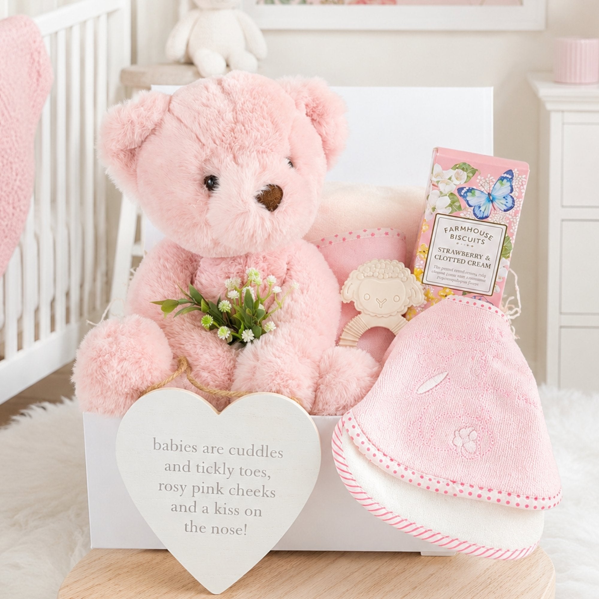 New mum hamper gifts with pink teddy bear and biscuits for mum