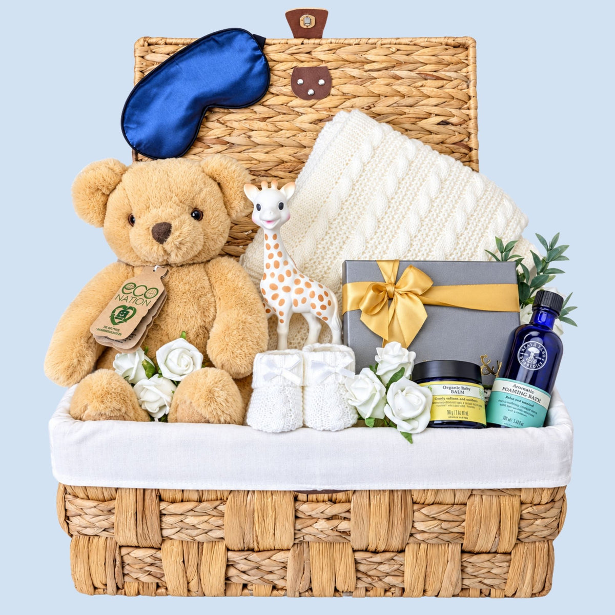 New mum gifts hamper basket with teddy, sophie giraffe, blanket, chocolates and skincare Bumbles and Boo.