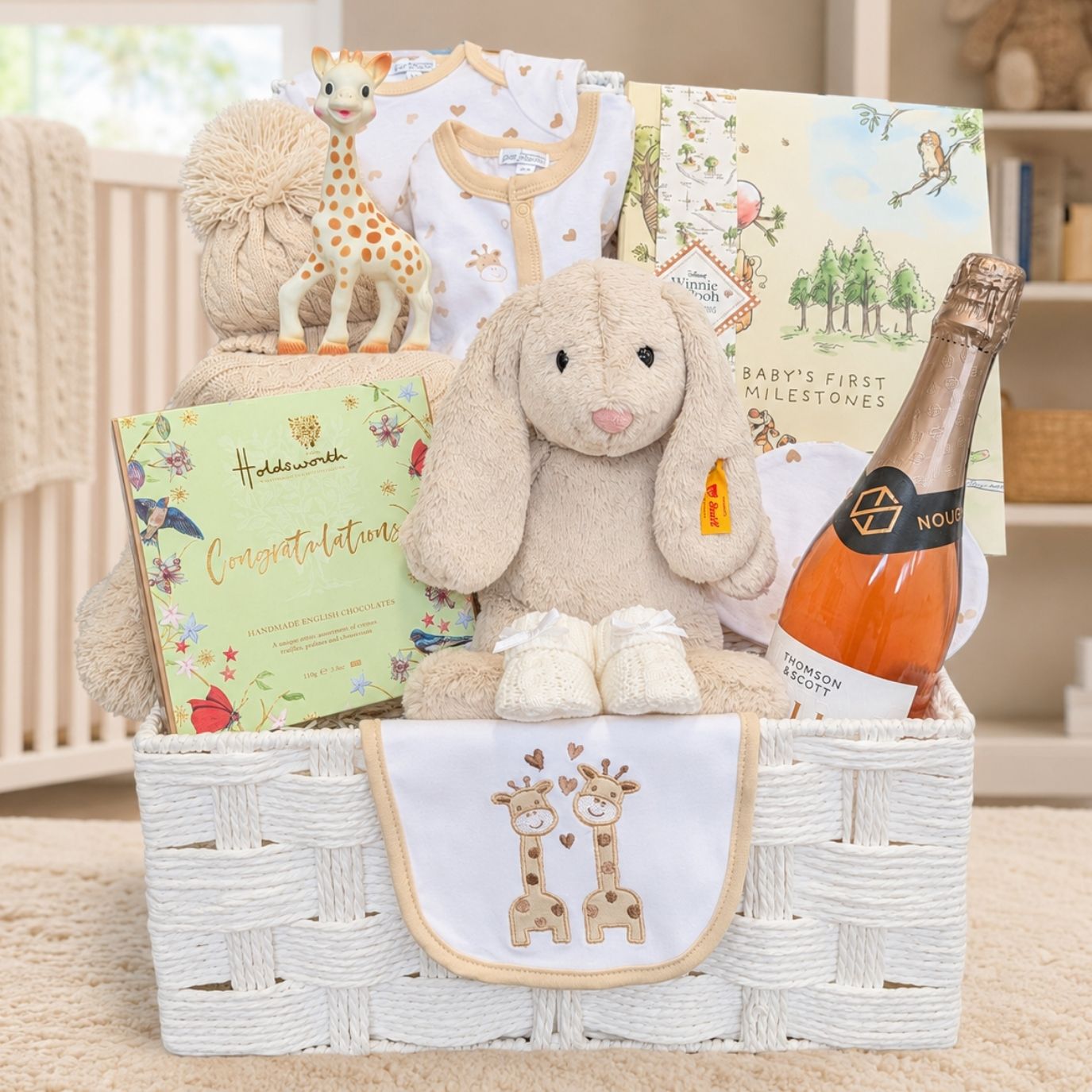 Luxury new mum gifts hamper basket with gifts for both baby and a new mum. Bumbles and Boo.