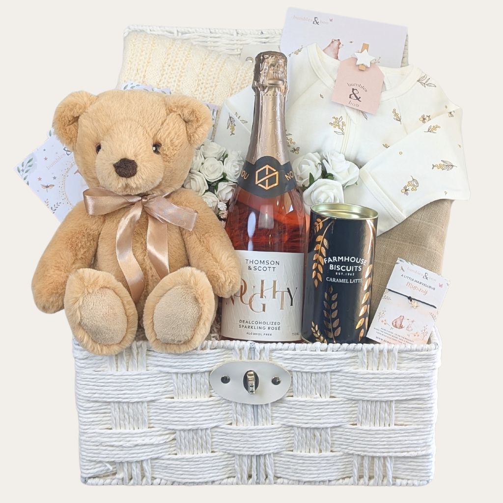 A luxury new mummy gift basket full of gifts including biscuits and presents for a new mum to celebrate! Designed by Bumbles and Boo.