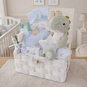 New mum hamper for a new mum and baby boy. Includes blue clothes, soft dinosaur toy and biscuits for mummy.