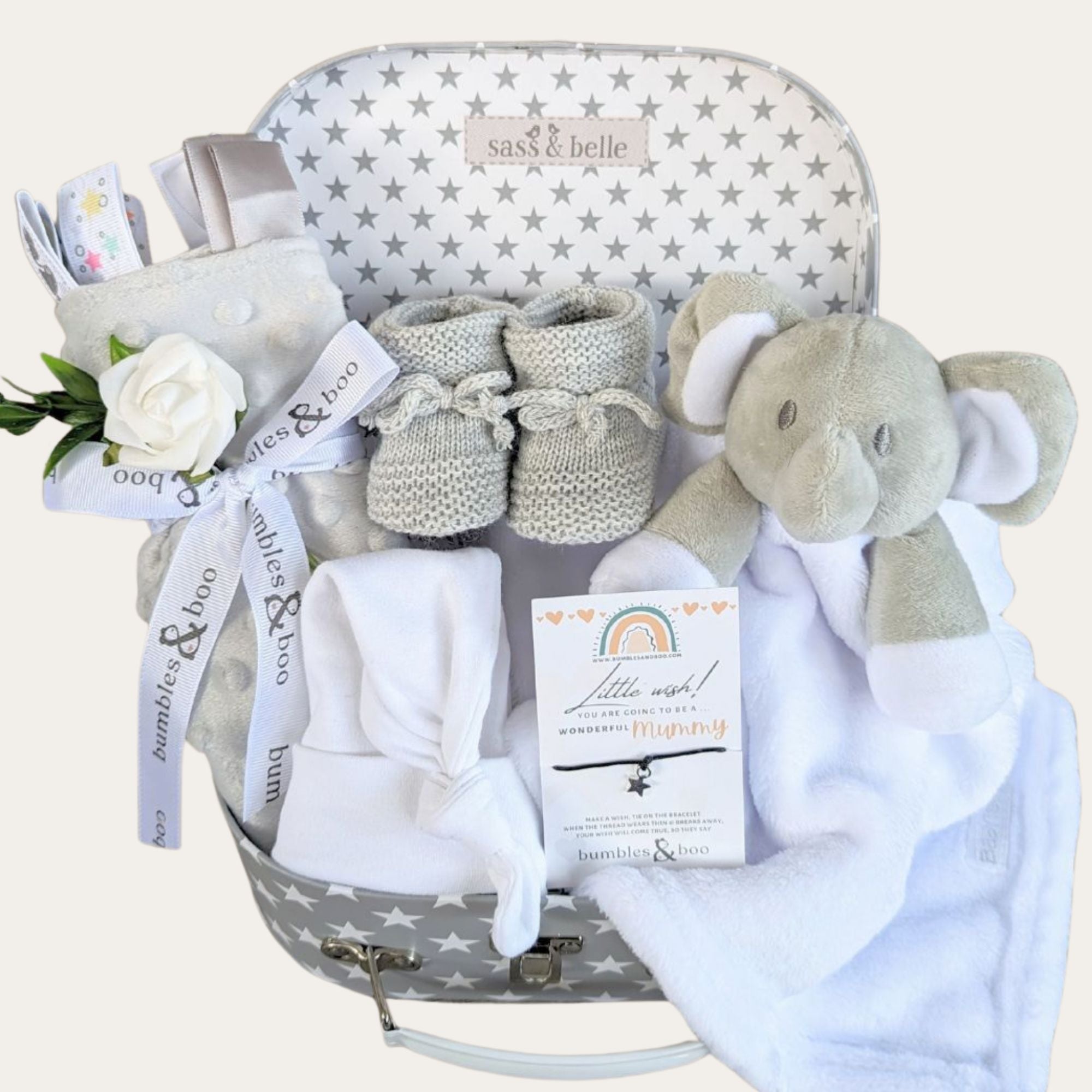 New mum gifts hamper with grey presents including a wish bracelet, elephant comforter and baby booties