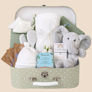 New mums gifts hamper with an elephant and chocolates. Bumbles and Boo.