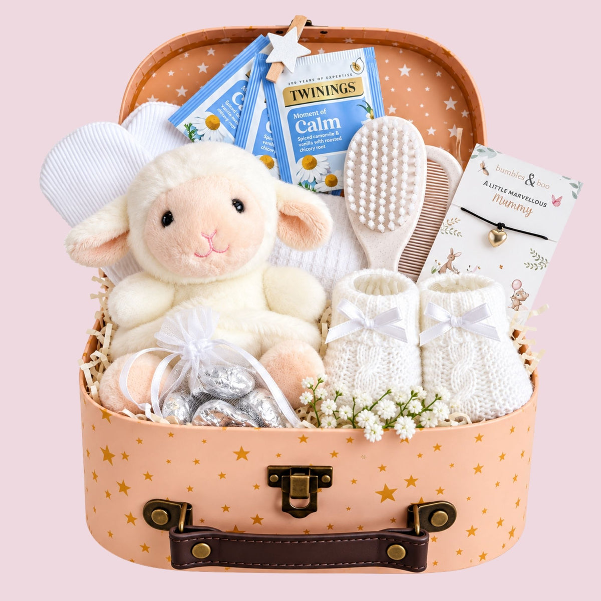 Small new mum gifts hamper with soft lamb soft toy and indulgent presents for mum.