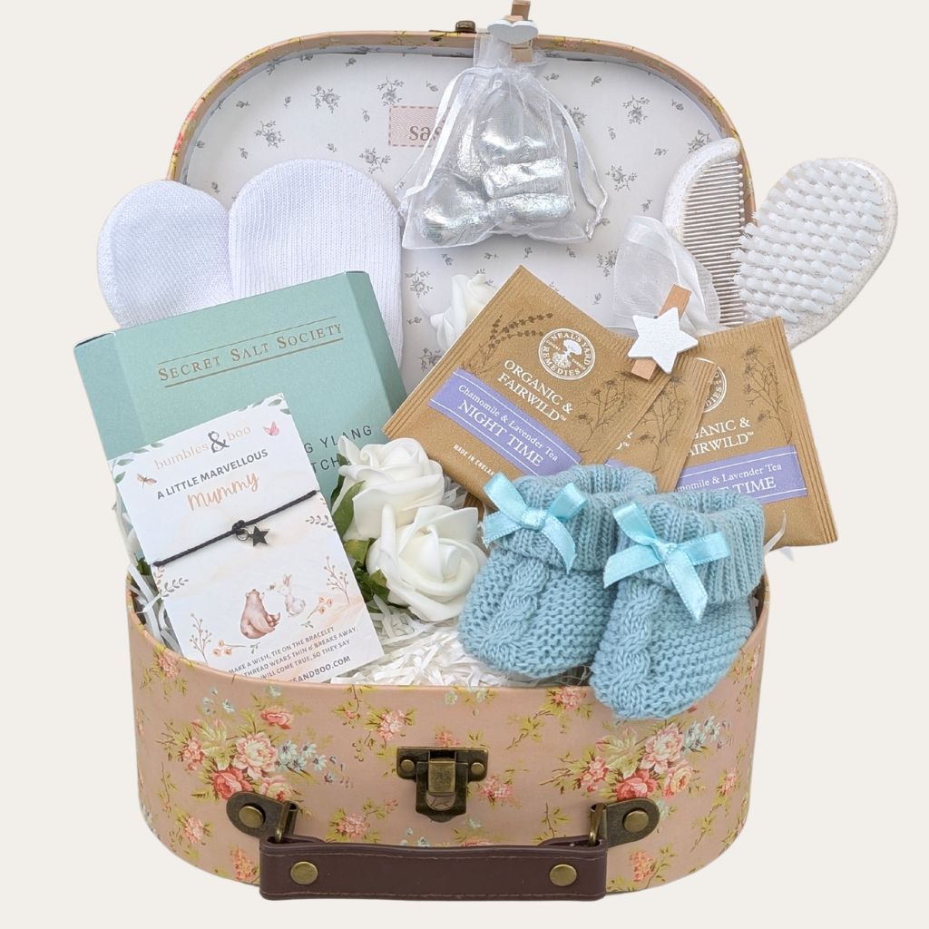 New mum gifts hamper with relaxation salts and thoughtful presents – perfect new mum gifts to soothe and support.