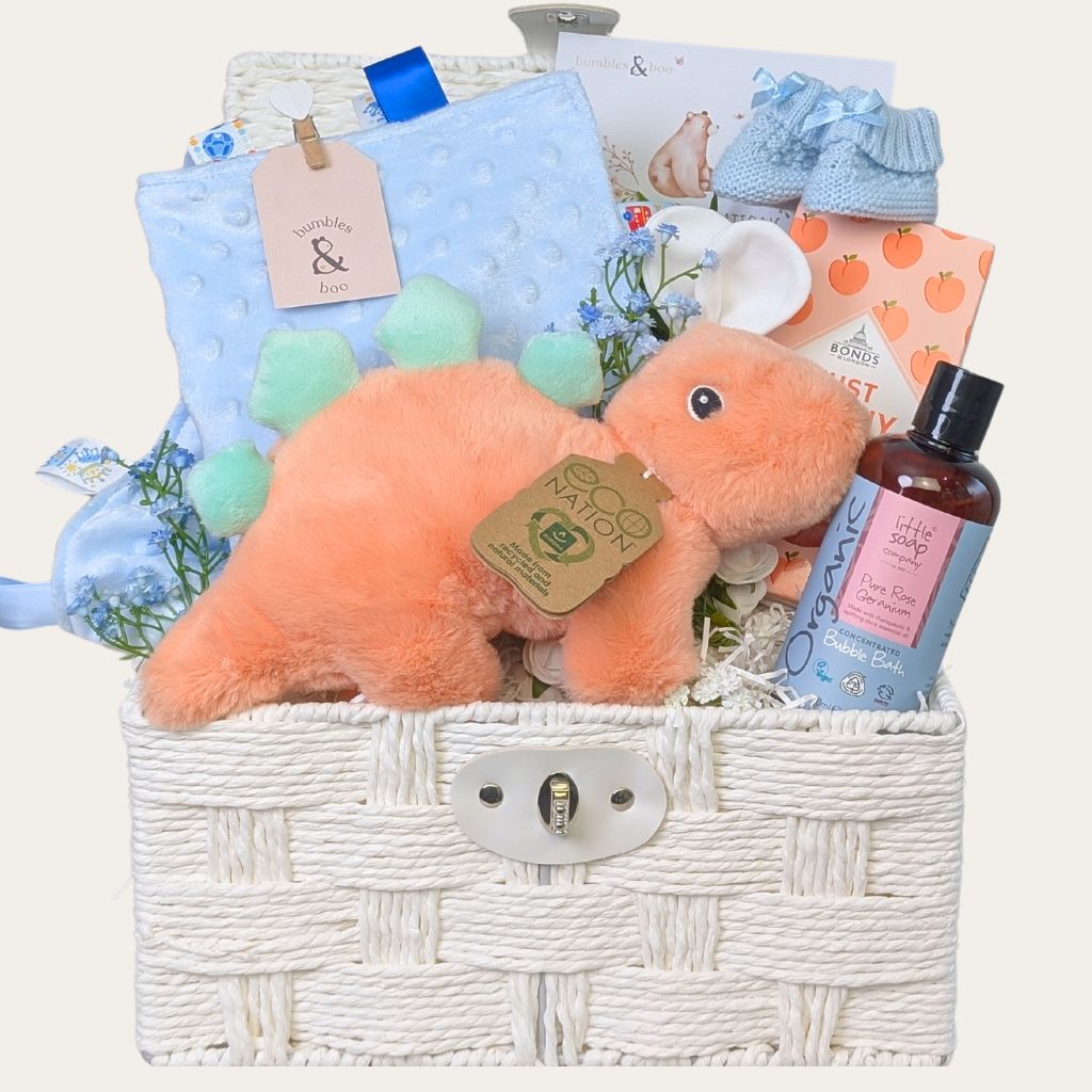 New Mum Gifts Hamper with Eco Dinosaur Orange soft toy and other presents for Mum and Baby. Bumbles and Boo.