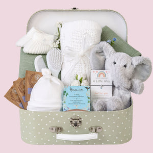 New mums hamper with baby & mum gifts including an elephant toy, bracelet and chocolates. Designed by Bumbles and Boo.