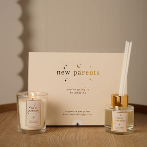 New parents candle and reed diffuser gift set in coordinating gift box