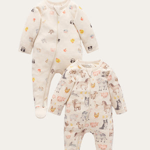 2 pack farm animal print baby grows with zips