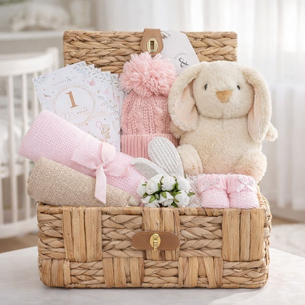 Newborn baby girl gifts in a basket with pinks and cream presents including blanket, hat, buuny and milestone cards