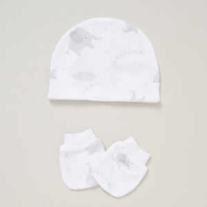 Matching white hat and scratch mittens with grey elephant design