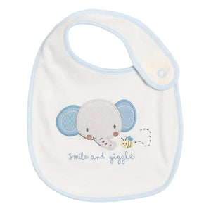 Baby bib with elephant design and 'smile and giggle' text on a white background