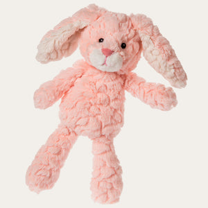 Newborn safe pink bunny toy with embroidered eyes